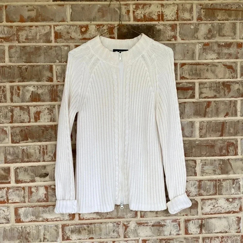 Woods & Gray Cream Cable Ribbed Raglan Zipper Sweater